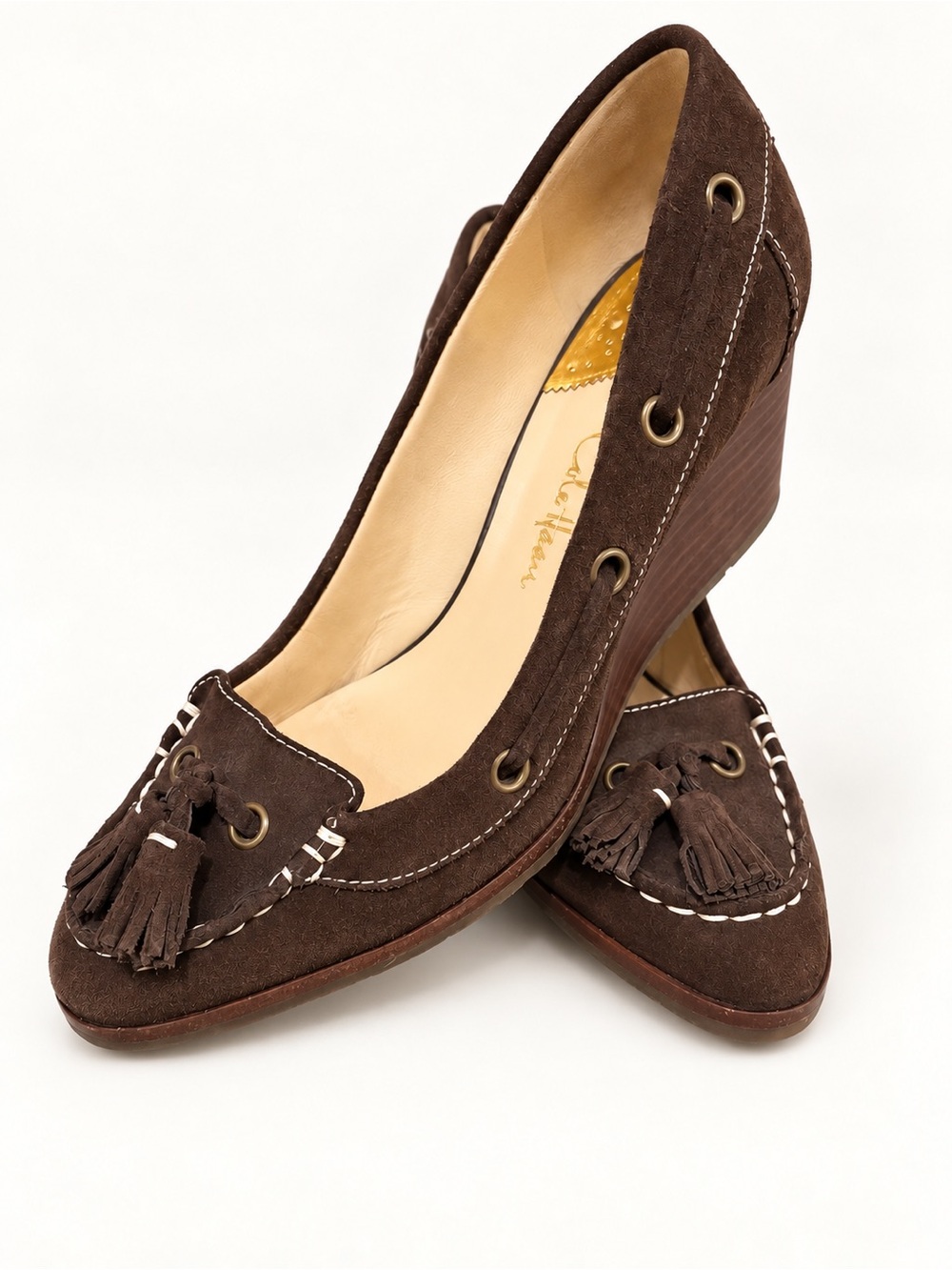 Cole Haan Air Calista Brown Suede Tassel Loafer Wedges Size 7 EUC